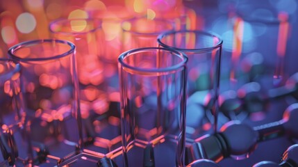 Wall Mural - close-up of colorful test tubes with chemical solutions and 3d molecular structures, ideal for scien