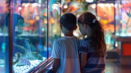 Poster - Curious children exploring interactive science exhibit from behind - educational and engaging museum display with two kids observing fascinating scientific concepts, perfect for learning, discovery, a