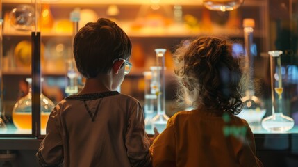 Poster - Curious children exploring interactive science exhibit from behind - educational and engaging museum display with two kids observing fascinating scientific concepts, perfect for learning, discovery, a