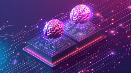 Poster - Isometric landing page with artificial intelligence: glowing human brains levitate on antigravity platform with microcircuits on neon futuristic background for advanced science and technology concepts