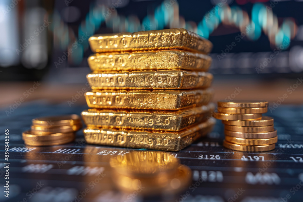 Gold bars stacked on top of each other with a stock market chart in the ...