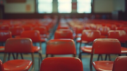 Aufkleber - The concept of graduating from high school Upsidedown chairs in an empty classroom at the school : Generative AI