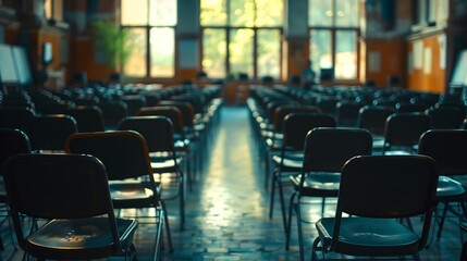 Aufkleber - Defocused image of empty classroom of a campus with many black chairs arranged in the room Empty classroom after school end copy space and educational concept : Generative AI