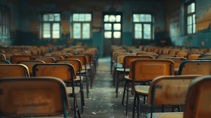 Aufkleber - Empty classroom with a lot of chair with no student Empty classroom with vintage tone wooden chairs Back to school concept : Generative AI