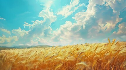 Poster - Beautiful golden wheat field under a bright blue sky with fluffy white clouds. Picture of a vivid rural landscape in a classic style. Perfect for agricultural and nature-themed projects. AI