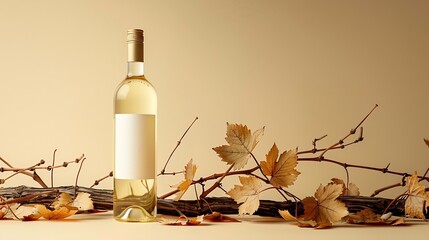 Poster - Bottle of white wine with a composition of old plank dry snags and dried vine leaves Neutral beige background for product branding identity and packaging Copy space front view : Generative AI