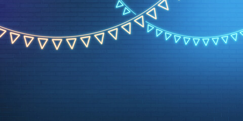 Poster - Creative festive neon decoration on blue illuminated brick wall background with mock up place. Celebrations concept. 3D Rendering.