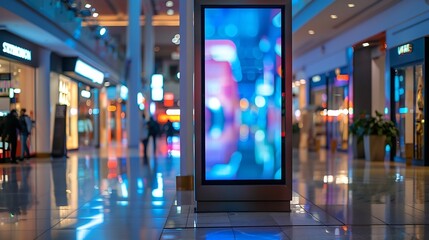 Leinwandbilder - Advertising digital screen on pillar in shopping mall Vertical OOH out of home poster display in retail environment Out of focus bokeh effect in background : Generative AI