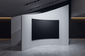 Canvas Print - Modern concrete gallery interior with shaped wall and empty black mock up banner. 3D Rendering.