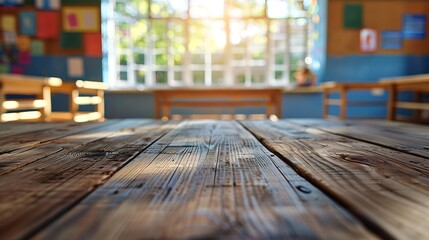 Poster - Wooden board empty table background On the blurred background of the empty classroom : Generative AI