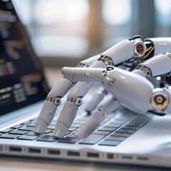 Poster - Robotic hands hover over a laptop, their fingers poised to interact with a chatbot interface. This image represents the integration of artificial intelligence into digital assistance technology.