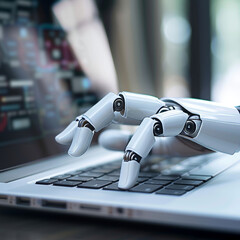 Poster - Robotic hands hover over a laptop, their fingers poised to interact with a chatbot interface. This image represents the integration of artificial intelligence into digital assistance technology.