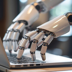 Poster - Robotic hands hover over a laptop, their fingers poised to interact with a chatbot interface. This image represents the integration of artificial intelligence into digital assistance technology.