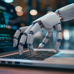 Poster - Robotic hands hover over a laptop, their fingers poised to interact with a chatbot interface. This image represents the integration of artificial intelligence into digital assistance technology.