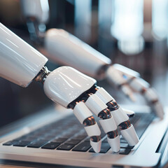 Poster - Robotic hands hover over a laptop, their fingers poised to interact with a chatbot interface. This image represents the integration of artificial intelligence into digital assistance technology.