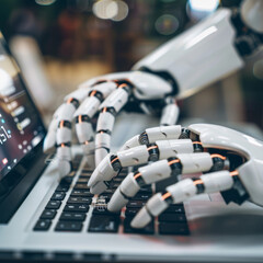 Poster - Robotic hands hover over a laptop, their fingers poised to interact with a chatbot interface. This image represents the integration of artificial intelligence into digital assistance technology.