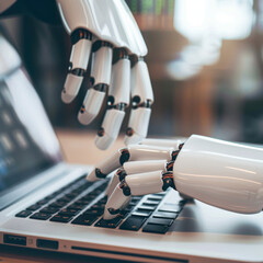 Poster - Robotic hands hover over a laptop, their fingers poised to interact with a chatbot interface. This image represents the integration of artificial intelligence into digital assistance technology.