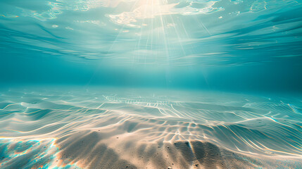 Seabed sand with blue tropical ocean above, empty underwater background with the summer sun shining brightly, creating ripples in the calm sea water