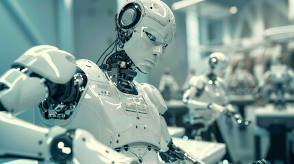 Poster - Robots in factories are making things without human help. They work in smart factories where they can make decisions on their own. using technology and innovation.