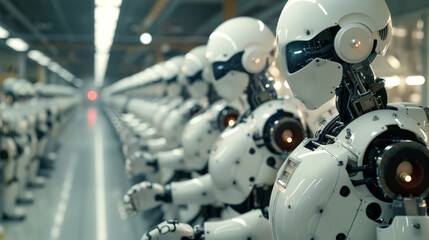 Poster - Robots in factories are making things without human help. They work in smart factories where they can make decisions on their own. using technology and innovation.