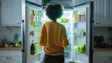 black woman opens the refrigerator to take out food in a kitchen with white cabinets, soft lighting from behind, and a warm, inviting atmosphere at night