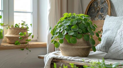 Wall Mural - Bedroom space with pilea houseplant in flower pot and cushion on wooden bench under wall mirror Vertical shot of home decor in minimalist living room interior Morning at cozy apartment : Generative AI