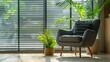 © Generative AI - Cosy armchair and houseplant near large window with blinds in spacious room Interior design : Generative AI