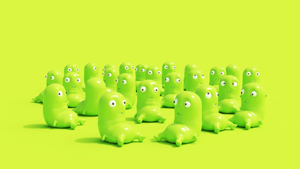 Cute colorful creatures funny group lime green soft plastic plasticine cheerful background 3d illustration render digital rendering