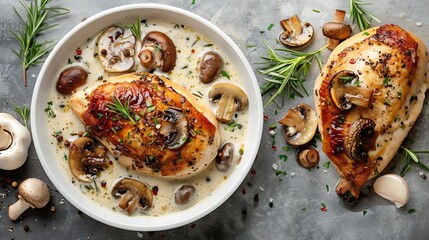 Aufkleber - Roasted chicken breast with mushrooms in cream sauce on a white ceramic form on a gray concrete background Comfort food Top view : Generative AI