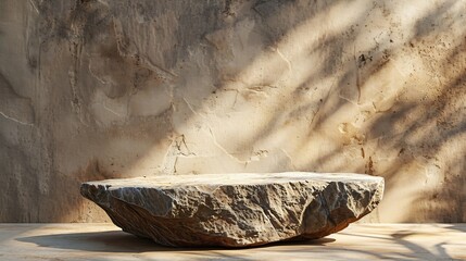 Poster - Empty stone podium with lights and shadows on brown background Minimal backdrop Round natural rock and piece of driftwood Abstract pedestal or showcase for presentation Minimal wabi sa : Generative AI