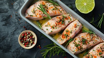 Poster - Raw catfish steaks with herbs lime and spices in a baking dish on a dark background top view High quality photo : Generative AI