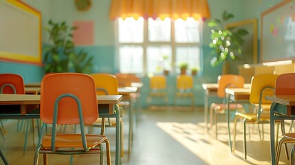 Aufkleber - Shot of empty classroom with chairs under desks in elementary school School during vacation or holidays A teaching classroom without student during term break or the end of semester in : Generative AI