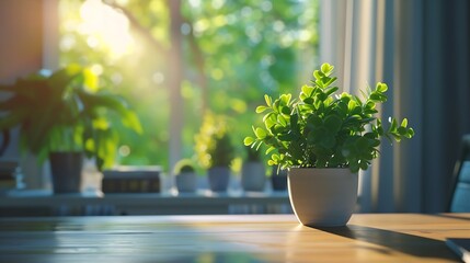 Fototapete - Empty workplace with desk and plant in office room copy space work from an atmospheric home office full of green plant : Generative AI