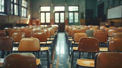 Aufkleber - Empty classroom with a lot of chair with no student Empty classroom with vintage tone wooden chairs Back to school concept : Generative AI