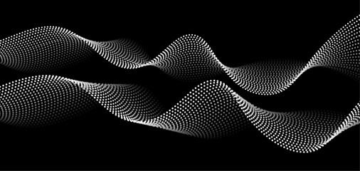 Wall Mural - Abstract flowing dots particles wave pattern. Halftone gradient smooth wavy dotted lines isolated on black background. Vector design template. Sound wave rhythm