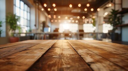 Poster - wooden table on Blurred empty open space office Abstract light bokeh at office interior background for design : Generative AI