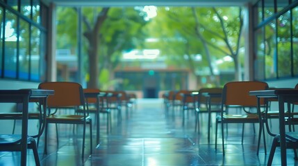 Leinwandbilder - School classroom in blur background without young student Blurry view of class room no kid or teacher with chairs and tables in campus : Generative AI
