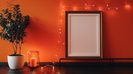 Aufkleber - White empty frame in orange solid color studio scene white lights Halloween background Product display mockup design : Generative AI