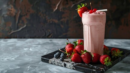 Poster - A glass of strawberry milkshake or smoothie with strawberries on a marble board with fresh berries Healthy food and drink concept Copy space : Generative AI