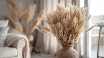 Wall Mural - Dried pampas grass bouquet in clay pot Modern aesthetic minimalist home living room interior design decoration details Elegant luxury apartment decor : Generative AI