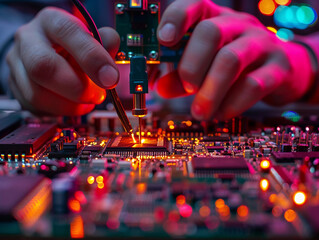 Poster - Close Up of Hands Soldering a Circuit Board in a Red Lit Workshop