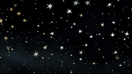 Wall Mural - View of the night sky with stars and snowflakes, black background postcard
