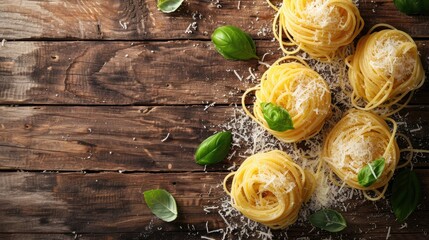 Wall Mural - Italian cuisine Parmesan coated pasta on wooden background with space for text seen from above