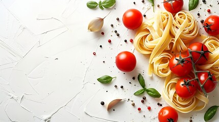 Wall Mural - Culinary background with ingredients for cooking pasta with tomatoes on a white background : Generative AI