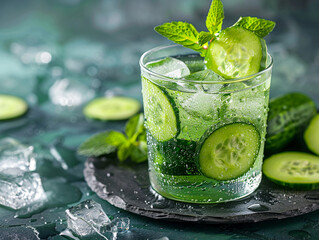 Sticker - Refreshing Cucumber Mint Drink With Ice on a Green Surface