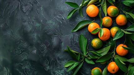 Poster - Tangerines on dark backdrop with green leaves from above Space for text Food scene