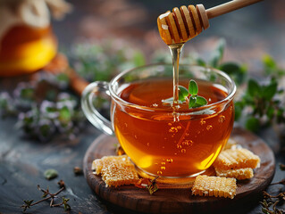 Poster - Honey Drizzling Into Cup of Tea With Honeycomb and Mint Leaves