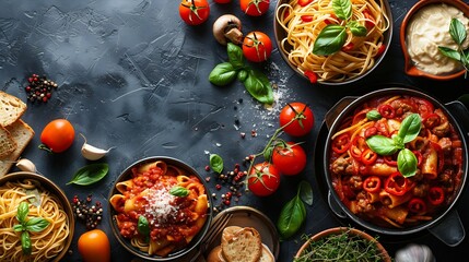 Wall Mural - Italian food dishes on dark background Traditional food concept Copy space : Generative AI