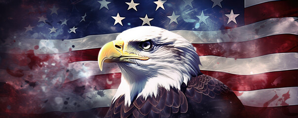 Wall Mural - american bald eagle with usa flag on background