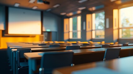 Fototapete - abstract blurred Empty Classroom or conference room with projector and screen light inside windowswarm tone : Generative AI